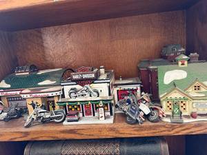 lot 332 image: Department 56 Holiday Village Pieces including Harley-Davidson Tin Motorcycles & Rollorama Village Snow Scene