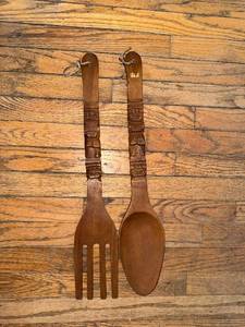 lot 339 image: Carved Wooden Spoon & Fork Set with Hanging Loops - 2-Piece Kitchen Utensils