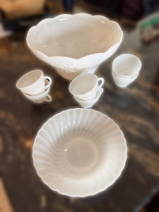 lot 241 image: Hocking Grapes Milk Glass Bowl Set - Large Embossed Centerpiece Bowl & Teacups & Ribbed Bowl