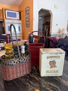 lot 242 image: Sunbonnet Sugar Tin, Red Farmers Market Bucket & Wire Basket (Lot of 3)
