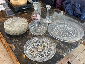 lot 244 image: Sunburst Crystal Glassware Set - 9-Inch Dessert Plates, Bowls, Decanter & Candlestick