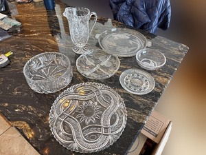 lot 249 image: shelf inside Hutch - Mikasa Crystal Glassware Assorted Cut-Pattern Plates, Bowls & Pitcher