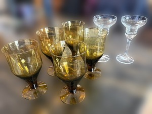 lot 250 image: Right of Hutch - Tinted Glass Goblets (6) & Clear Candle holders (2)