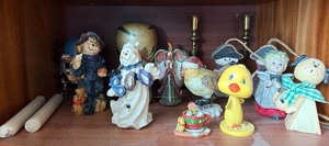 lot 253 image: shelf inside Hutch - Assorted Vintage Figurines & Decor - Duck, Snowmen, Apples & Candlesticks