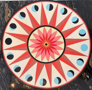 lot 266 image: Round Sunburst Wall Plaque with Moon Phases  - 16 in Diameter, Red Rays, Pink Center