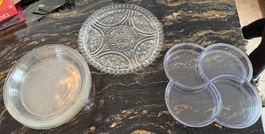 lot 267 image: Dansk Acrylic Swirl Tray, 4-Piece Glass Pie Plates and Etchedcut glass platter