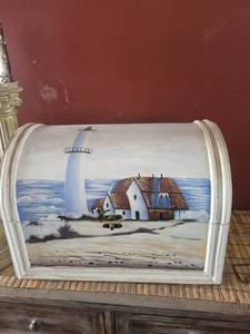 lot 7 image: Painted Seaside Lighthouse Storage Chest