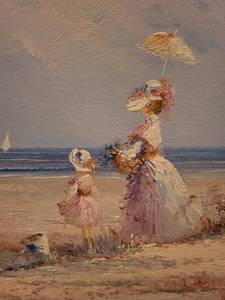 lot 120 image: Beach Scene Painting - Woman with Parasol & Child on the Shore