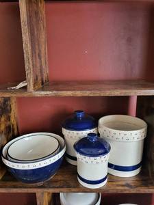 lot 148 image: Country Borders Ceramic Canister Set with Lids & Bowls - JC Penney Japan 1980s
