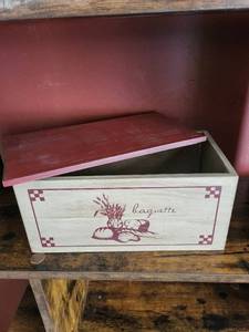 lot 273 image: Wooden Bread Box - Baguette & Wheat Graphic, Whitewashed Finish, Red Lid