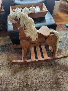 lot 276 image: Hand-Carved Wooden Rocking Horse with Rope Mane