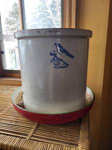 lot 281 image: Bluebird Enamel Canister - White Cylindrical Jar with Bird Logo on Red Pedestal Base