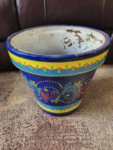 lot 282 image: Ceramic Planter Pot - Blue with Yellow Band and Floral Scroll Design