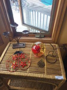 lot 286 image: Metal 3-Candle Candelabra & Glass Rose Globe & ladybug Wall Art