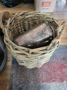 lot 289 image: Hammered Copper Wash Tub in Wicker Basket - Rustic Vintage Decor, 21 in Tall