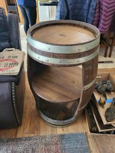 lot 292 image: Barrel End Table - Rustic Whiskey Barrel with Storage Shelves, Wood & Metal Bands