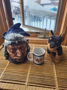 lot 293 image: Chief Head Ceramic Cookie Jar With Lid - Blue Headdress, Western Print Mug, Plush German Shepherd