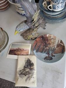 lot 303 image: Eagle Figurine with Winter Plate, Native American Print, Western Frontier Print & Desert Postcard