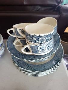 lot 304 image: Blue & White Scenic Transferware Teacups & Plates Set