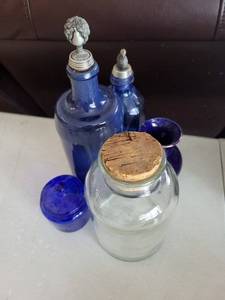 lot 308 image: Cobalt Blue Glass Bottles & Jars with Pour Spouts - Vintage Display Set