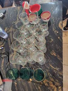 lot 340 image: Christmas Holly Berry Stemware Glasses w Gold Rim & Green Goblets & Santa Planters