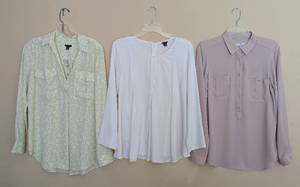 lot 134 image: UL - Ann Taylor Womens Medium Shirts - Floral Daisy Button-Down, White Blouse, Mauve Blouse (Lot of 3)