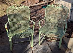 lot 143 image: LL - Pair of Vintage Mint Green Painted Metal Patio Chairs