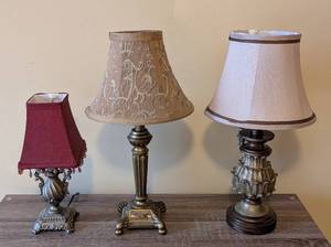 lot 146 image: UL - Three Stylish Table Lamps - Ornate Brass Bases with Fabric Shades