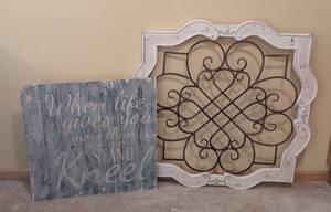 lot 150 image: UL - Large 35 x 35 Wrought Iron Lattice Wall Hanging in Distressed White Frame - Blue Quote Wood Sign