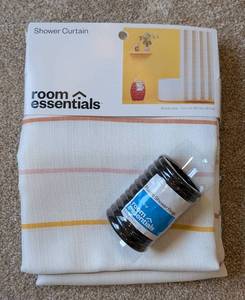 lot 201 image: LL - Room Essentials Shower Curtain - Multicolor Stripe 72 in x 72 in & Plastic Shower Rings 12-count