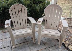 lot 202 image: BY - Adirondack Chairs Pair - Beige Plastic with Cup Holders, Outdoor Patio Furniture Set