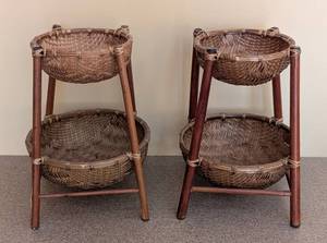 lot 57 image: UL - Decorative Woven Basket Stand Pair - Two-Tier Wood Frames with Baskets