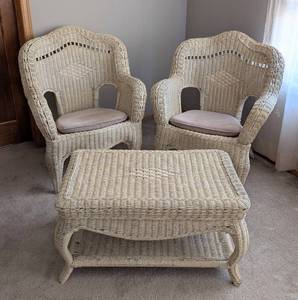 lot 58 image: UL - Cream Wicker Armchairs Set With Coffee Table - Pair