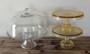 lot 77 image: K - Glass Cake Plate Set - 3 Pieces, Largest 12 Inches, Clear Dome and Amber Tiered Stand