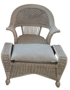 lot 19K image: LR - Rattan Wicker Armchair & Ottoman - Pale Sage Cushions