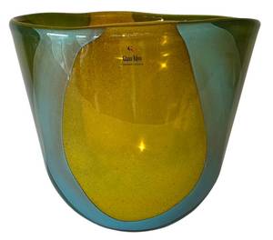 lot 20K image: LR - Glass Nuvo Handmade Lithuania Glass Vase - Teal Amber Fusion, 10 in Tall