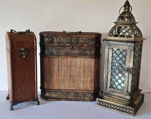 lot 25K image: LR - Ornate Wood Boxes & Metal Lantern Candle Holder - 3-Piece Set