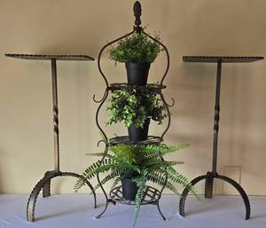 lot 29K image: LR - Metal Plant Display Stand Set - 3-Tier Center & Pair Side Stands  3 Faux Pots