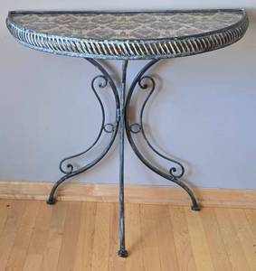 lot 34K image: LR - Wrought Iron Half-Moon Console Table, Distressed Patina