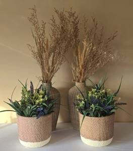 lot 36K image: LR - Woven Ceramic Vases with Dried Foliage (2) & Planters with Faux Foliage (2)