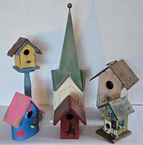 lot 80K image: K - Rustic Wooden Birdhouses - Assorted, Largest 20-in Tall