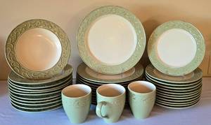 lot 82K image: K - Pier 1 Stoneware Antique Floral Dinnerware Set - 12 Dinner Plates, 12 Salad Plates, 11 Bowls, 2 Mugs
