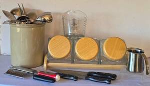 lot 91K image: K - Canister Set on Wood Stand with Lids - 3 Canisters  Utensil Crock, Graters & Measuring Cups