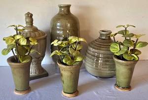 lot 93K image: K - Decorative Olive Ceramic Vases & Apothecary Jar (Lot of 6)