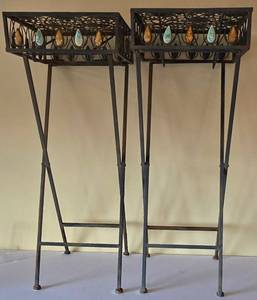 lot 96K image: DR - Pair of Distressed Metal Plant Stands With Teardrop Stone Accents