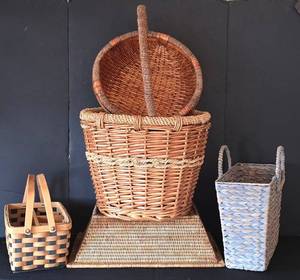 lot 104K image: MR - 5 Handwoven Baskets Set - Round Hamper, Rectangular Tray, Picnic Basket
