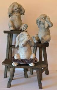 lot 151K image: O - Decorative Resin Rabbit Figurines Hear No Evil See No Evil Speak No Evil and Decorative Stools