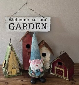 lot 156K image: O - Vintage Wood & Tin Birdhouses, Largest 13 in Tall, Gnome & Sign