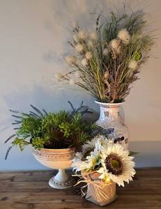 lot 157K image: O - Butterfly Vase w Faux Foliage & Dish w Foliage & Burlap Sunflower Basket