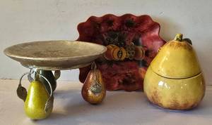 lot 174K image: LR - Raymond Waites Ceramic Fruit Trio Pear-Footed Pedestal Dish, Red Scalloped Bowl, Yellow Pear Jar